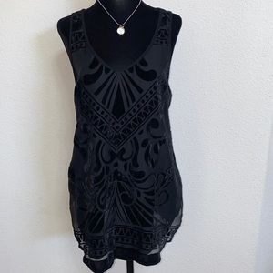 Black Felt and Sheer Mesh Patterned Tank Top